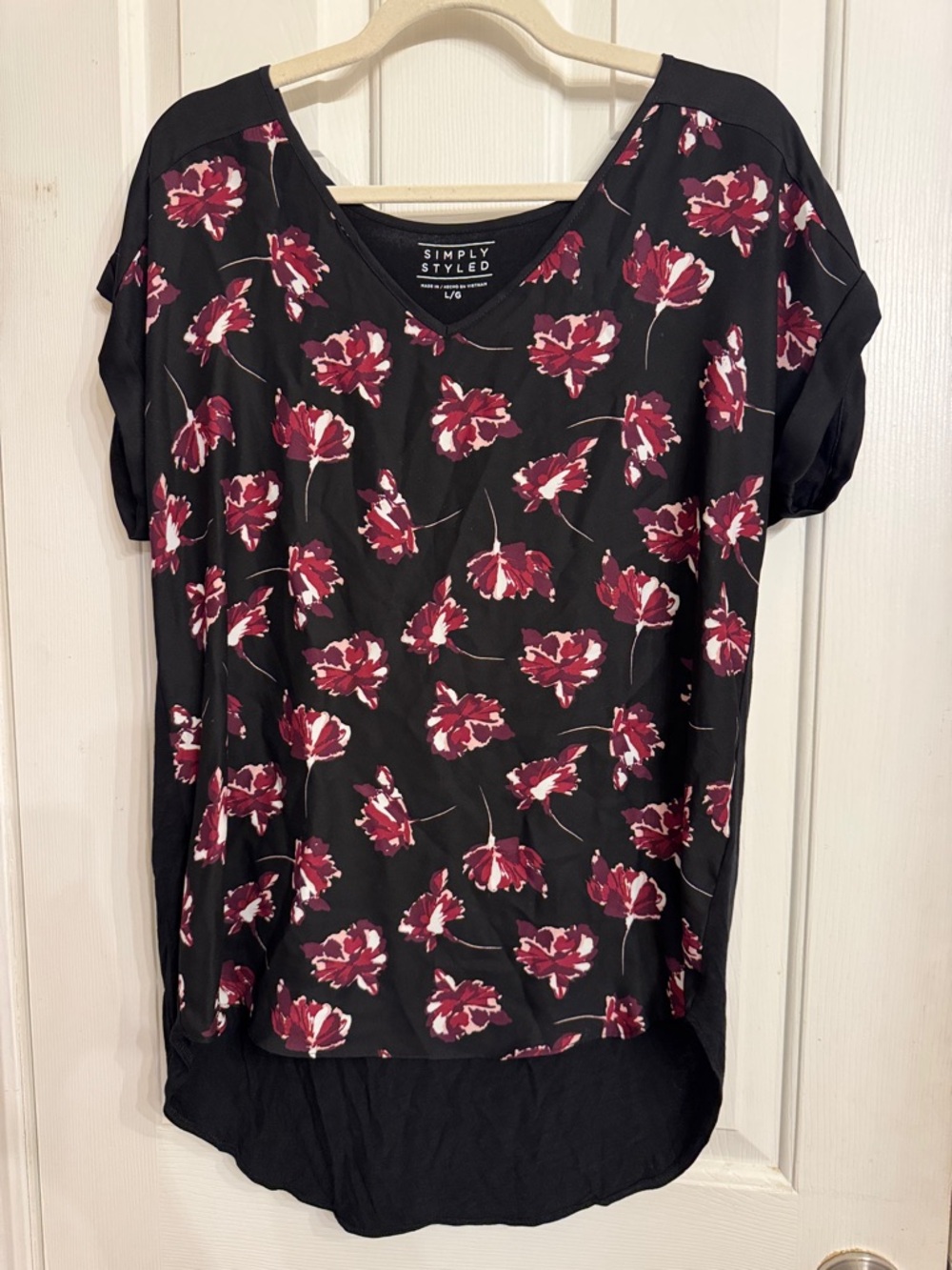 Simply Styled Black Blouse with Burgundy Floral Print